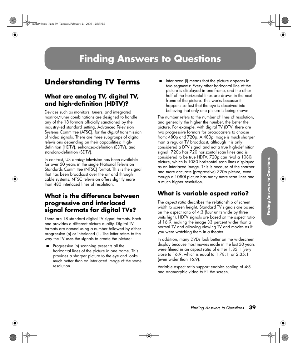 Finding answers to questions, Understanding tv terms, What is variable aspect ratio | HP LC3260N User Manual | Page 49 / 174