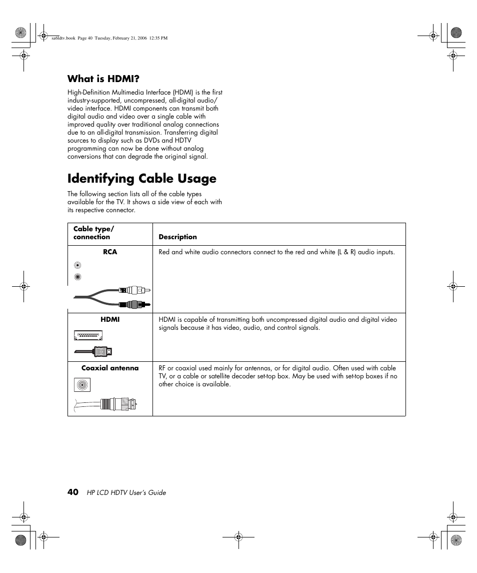 Identifying cable usage, What is hdmi | HP LC3260N User Manual | Page 50 / 174