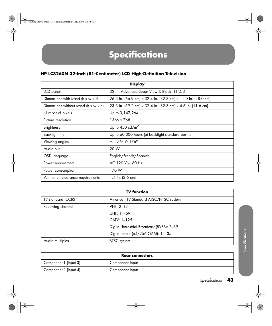 Specifications | HP LC3260N User Manual | Page 53 / 174