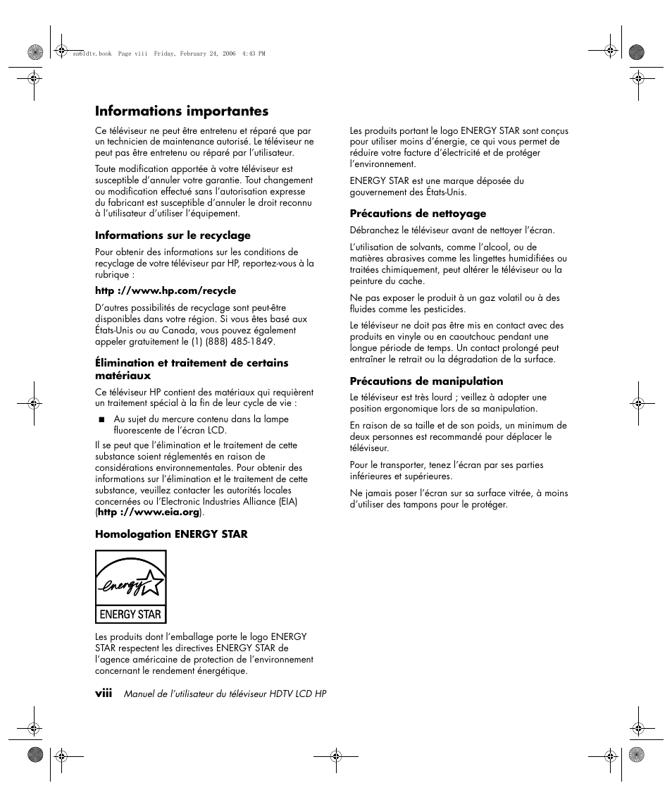 Informations importantes | HP LC3260N User Manual | Page 66 / 174