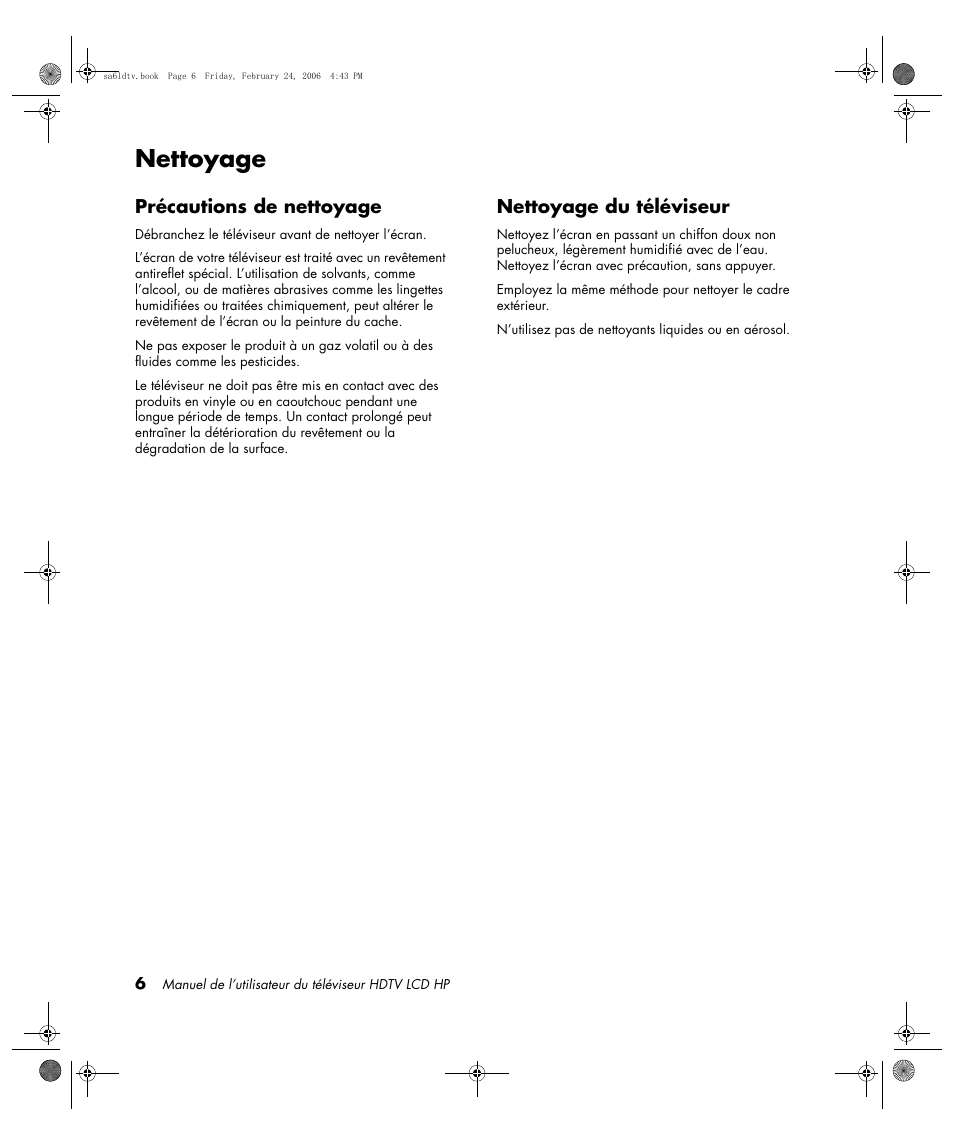 Nettoyage, Précautions de nettoyage, Nettoyage du téléviseur | HP LC3260N User Manual | Page 74 / 174