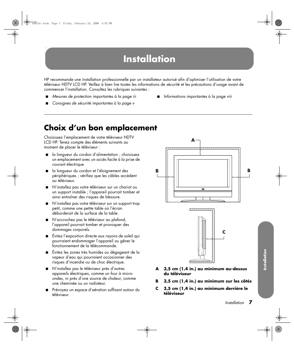 Installation, Choix d’un bon emplacement | HP LC3260N User Manual | Page 75 / 174