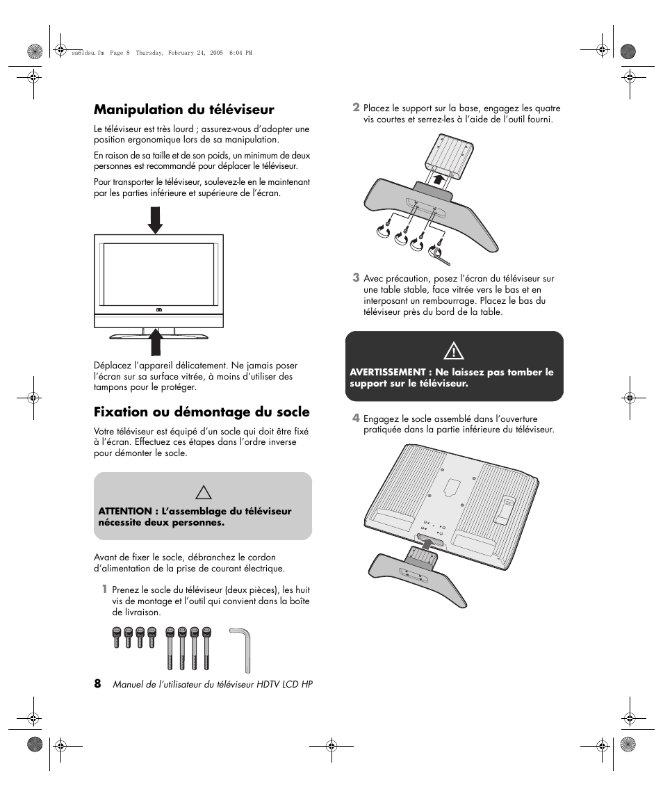 Manipulation du téléviseur, Fixation ou démontage du socle | HP LC3260N User Manual | Page 76 / 174