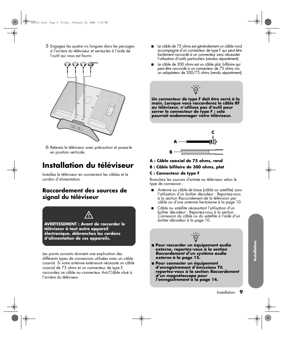 Installation du téléviseur, Raccordement des sources de signal du téléviseur | HP LC3260N User Manual | Page 77 / 174