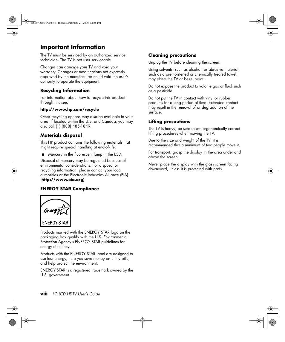 Important information | HP LC3260N User Manual | Page 8 / 174