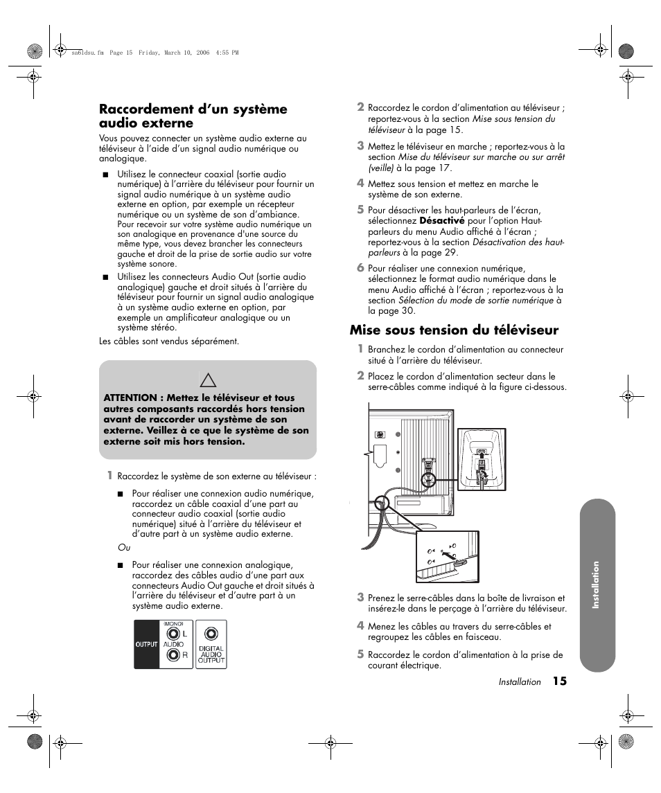 Raccordement d’un système audio externe, Mise sous tension du téléviseur | HP LC3260N User Manual | Page 83 / 174