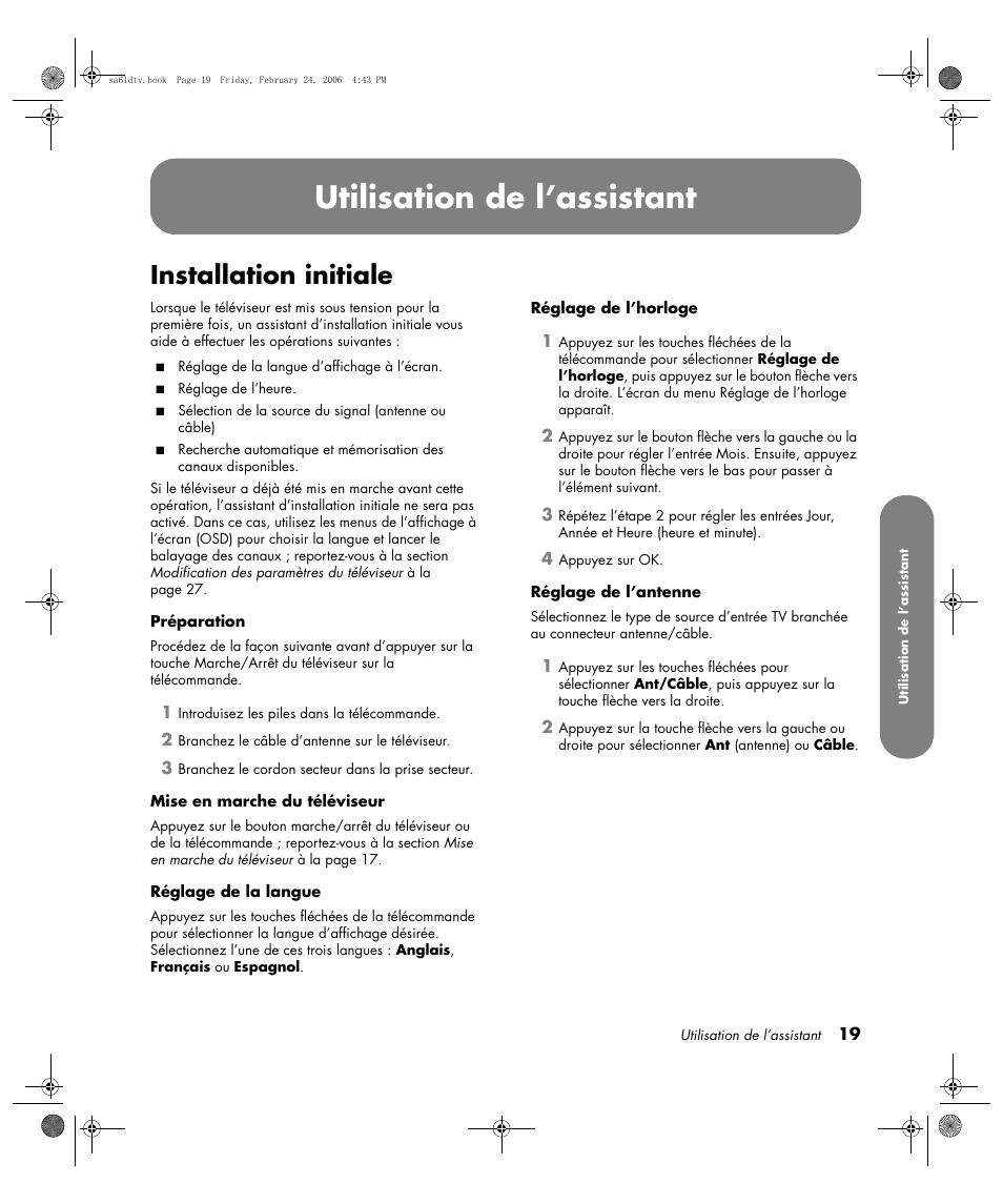 Utilisation de l’assistant, Installation initiale | HP LC3260N User Manual | Page 87 / 174