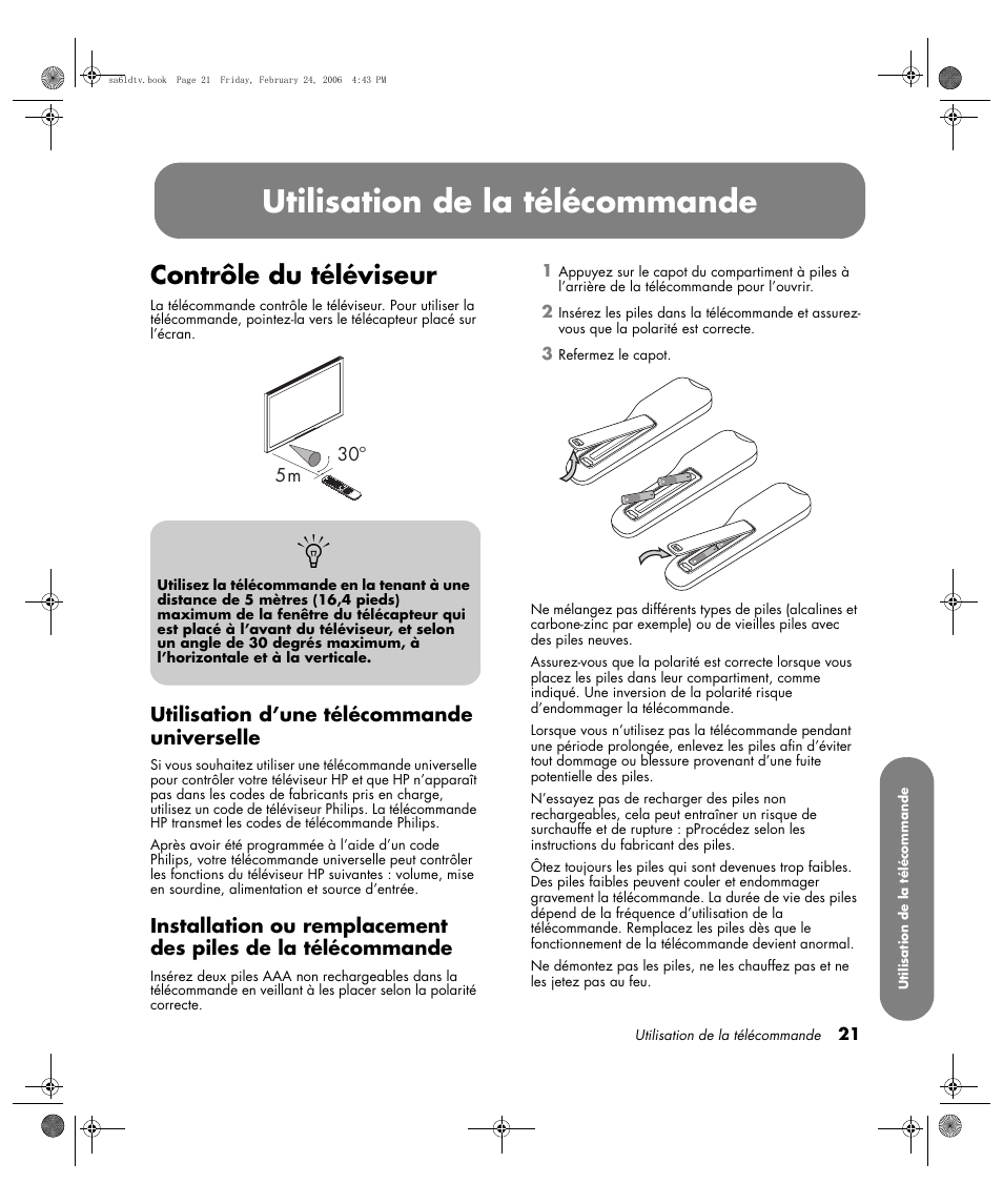Utilisation de la télécommande, Contrôle du téléviseur, Utilisation d’une télécommande universelle | HP LC3260N User Manual | Page 89 / 174