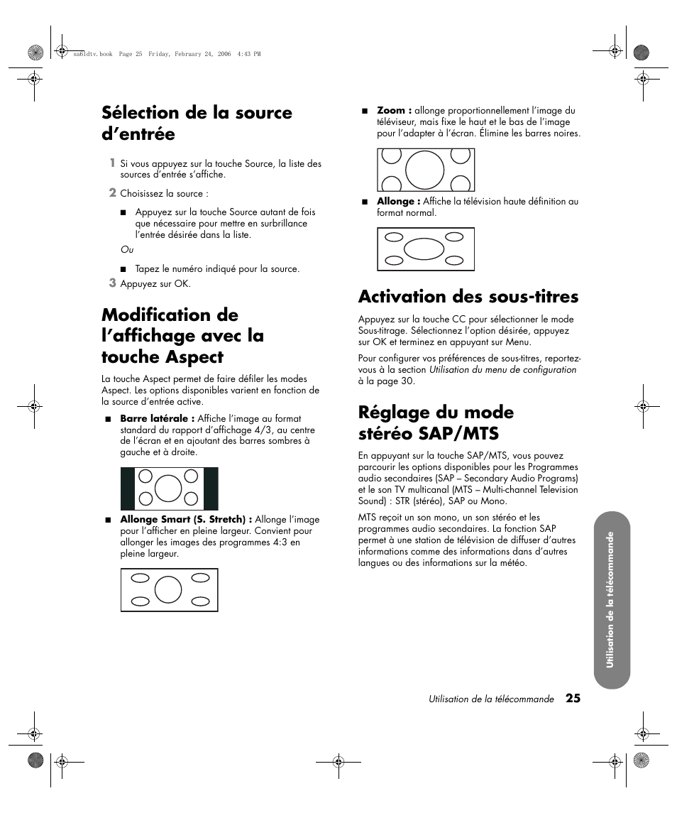 Sélection de la source d’entrée, Modification de l’affichage avec la touche aspect, Activation des sous-titres | Réglage du mode stéréo sap/mts | HP LC3260N User Manual | Page 93 / 174