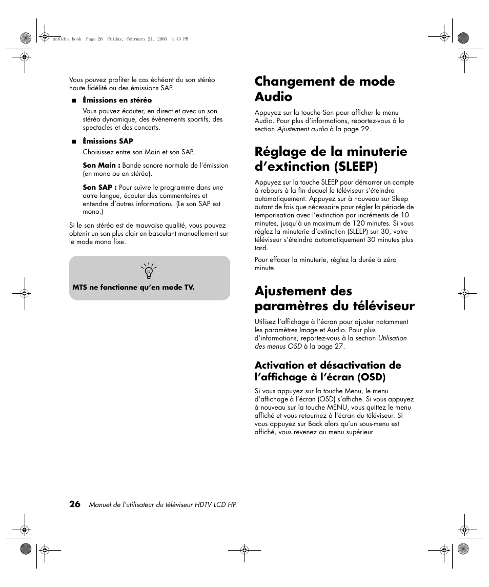 Changement de mode audio, Réglage de la minuterie d’extinction (sleep), Ajustement des paramètres du téléviseur | HP LC3260N User Manual | Page 94 / 174