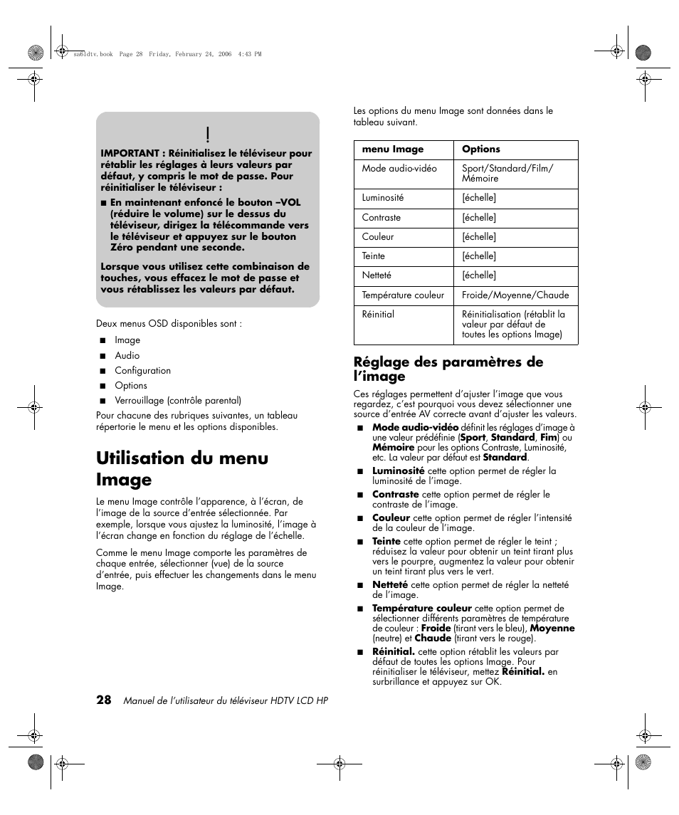 Utilisation du menu image, Réglage des paramètres de l’image | HP LC3260N User Manual | Page 96 / 174