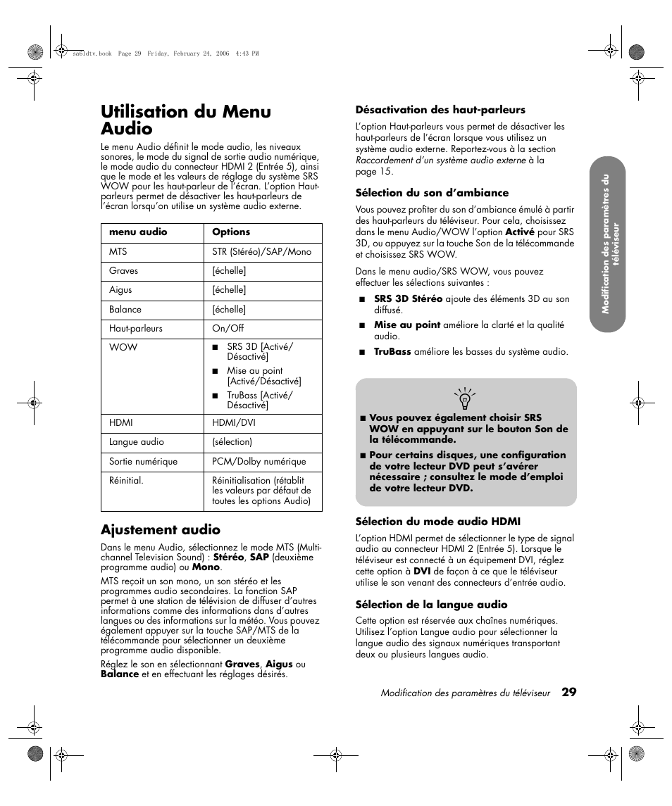 Utilisation du menu audio, Ajustement audio | HP LC3260N User Manual | Page 97 / 174