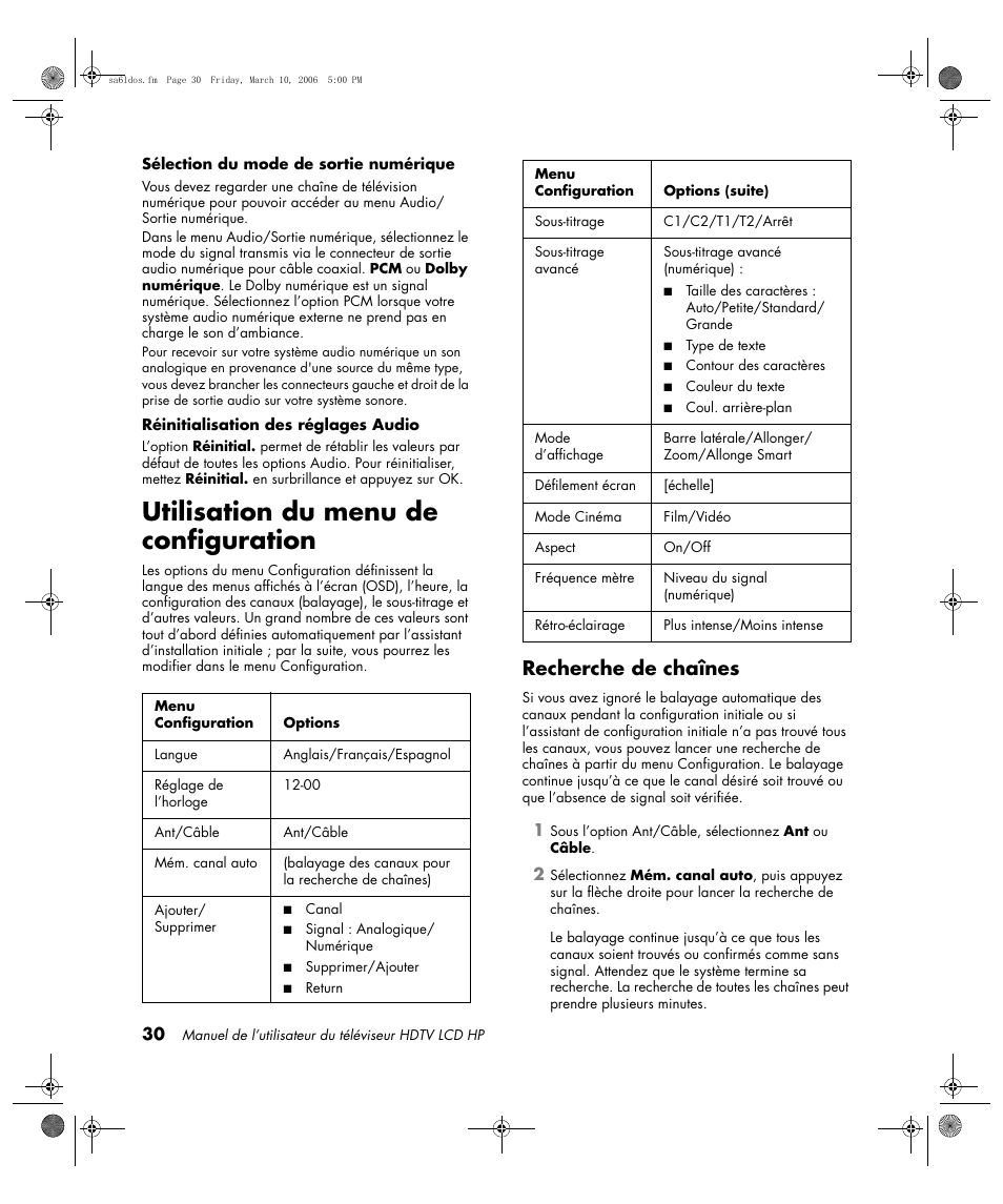 Utilisation du menu de configuration, Recherche de chaînes | HP LC3260N User Manual | Page 98 / 174