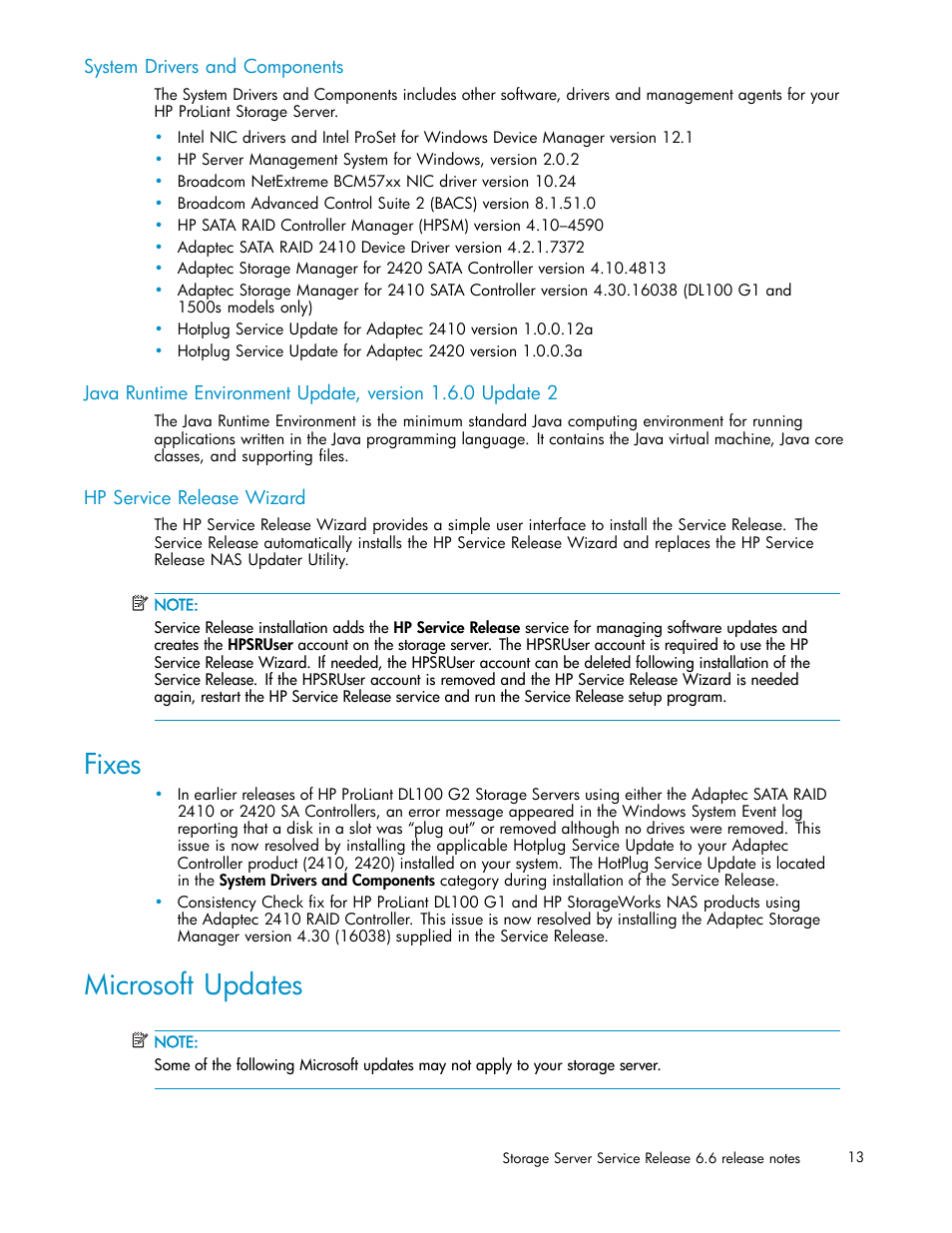 System drivers and components, Hp service release wizard, Fixes | Microsoft updates | HP PROLIANT 56976839 User Manual | Page 13 / 16
