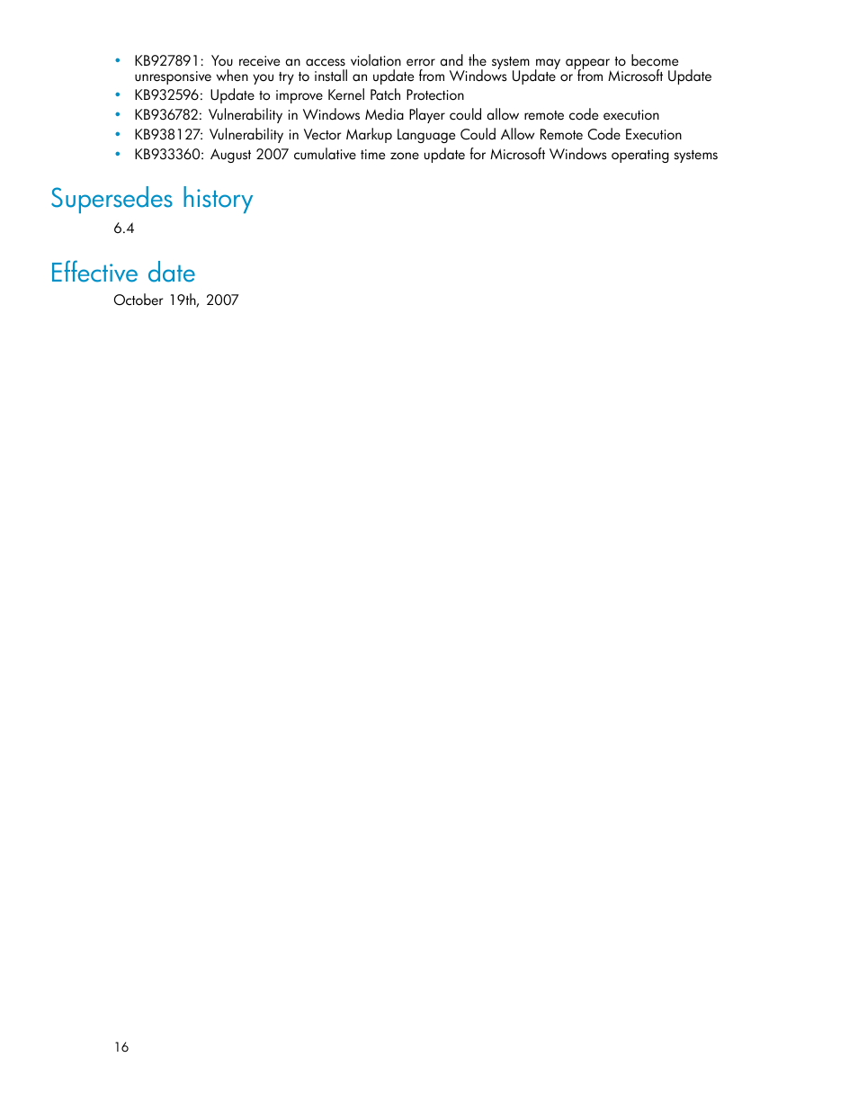 Supersedes history, Effective date | HP PROLIANT 56976839 User Manual | Page 16 / 16