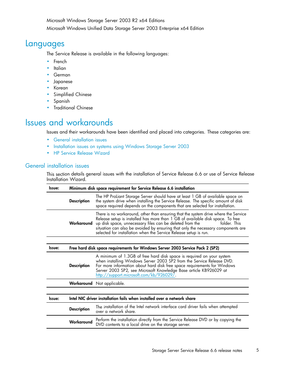 Languages, Issues and workarounds, General installation issues | HP PROLIANT 56976839 User Manual | Page 5 / 16