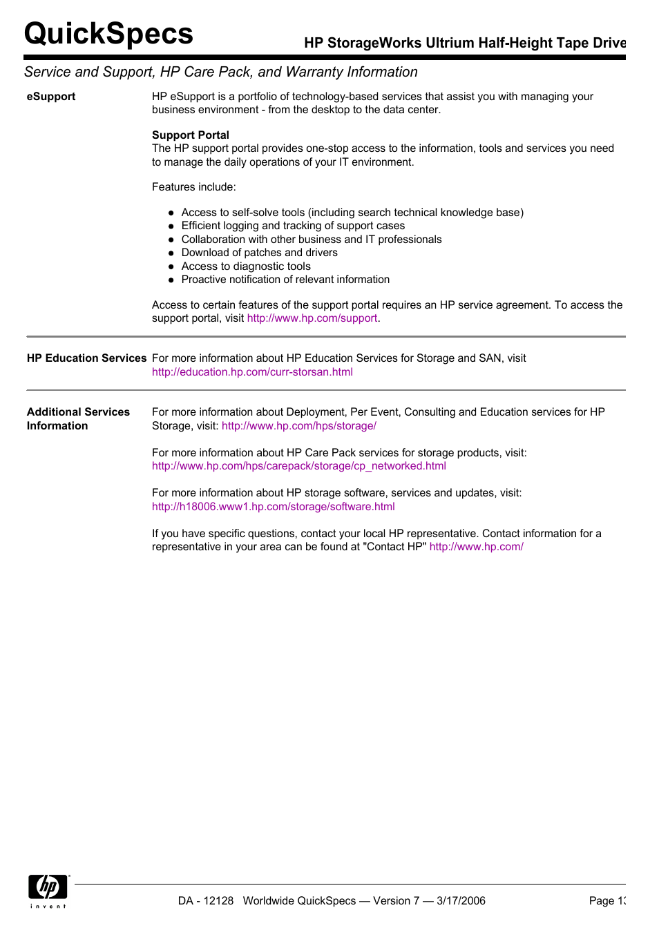 Quickspecs | HP Ultrium 215 User Manual | Page 13 / 21
