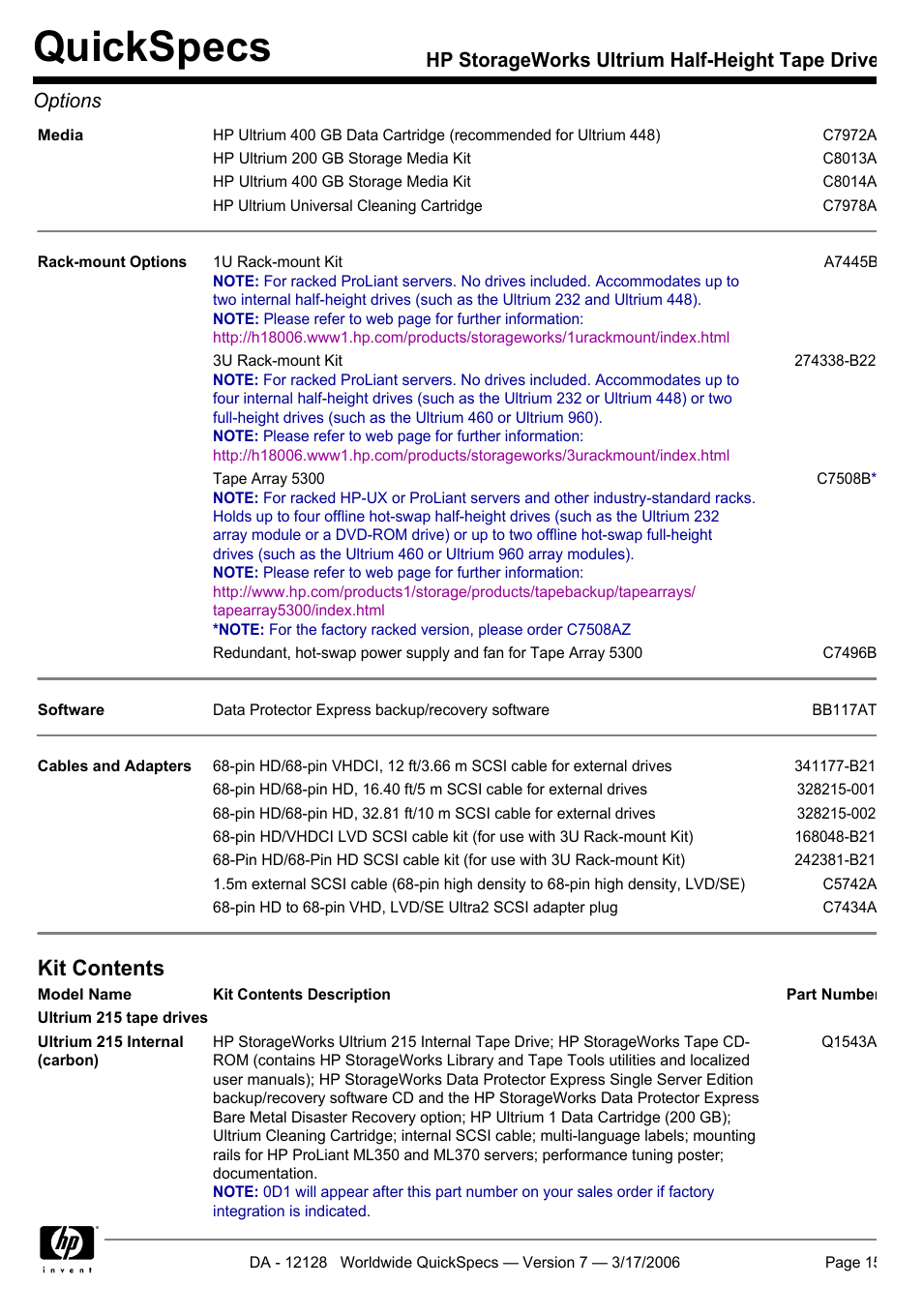 Quickspecs, Kit contents | HP Ultrium 215 User Manual | Page 15 / 21
