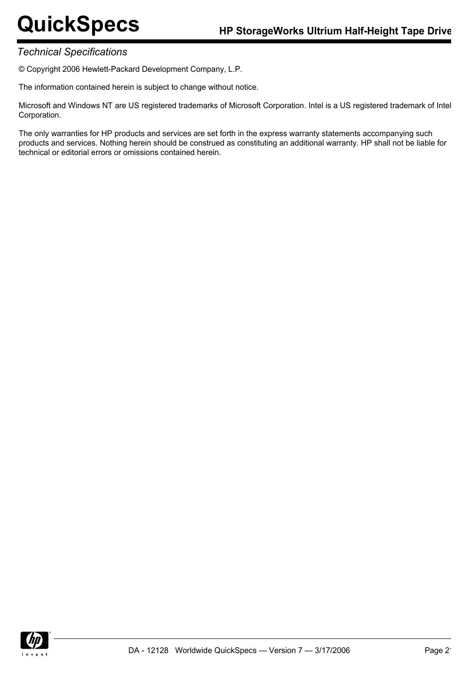 Quickspecs | HP Ultrium 215 User Manual | Page 21 / 21