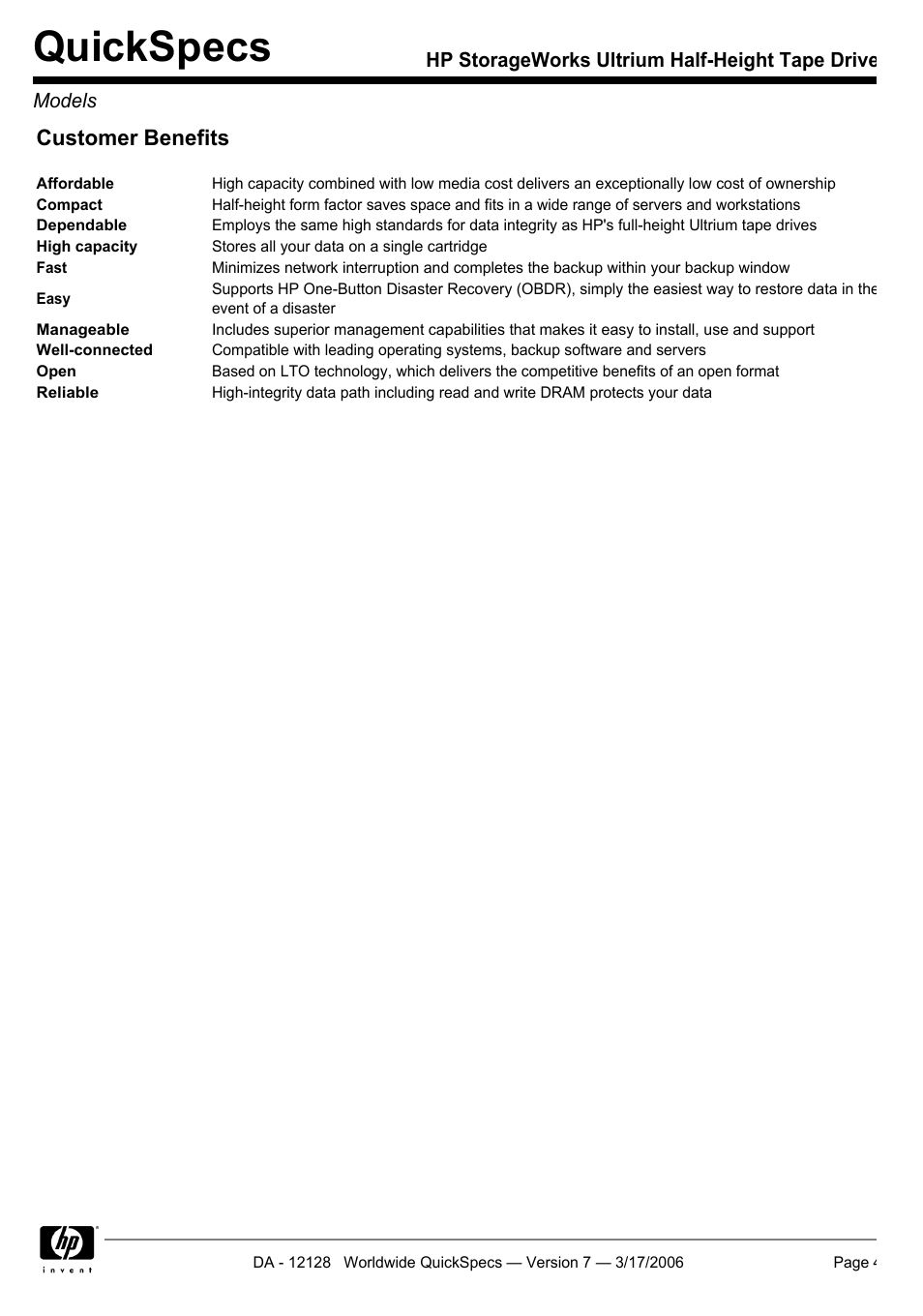 Quickspecs, Customer benefits | HP Ultrium 215 User Manual | Page 4 / 21