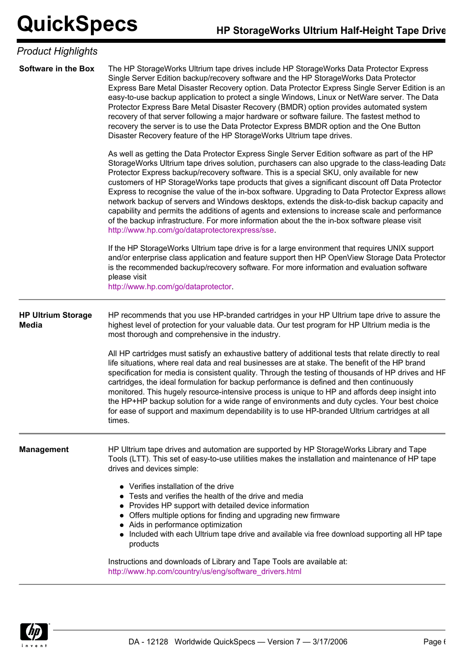 Quickspecs | HP Ultrium 215 User Manual | Page 6 / 21