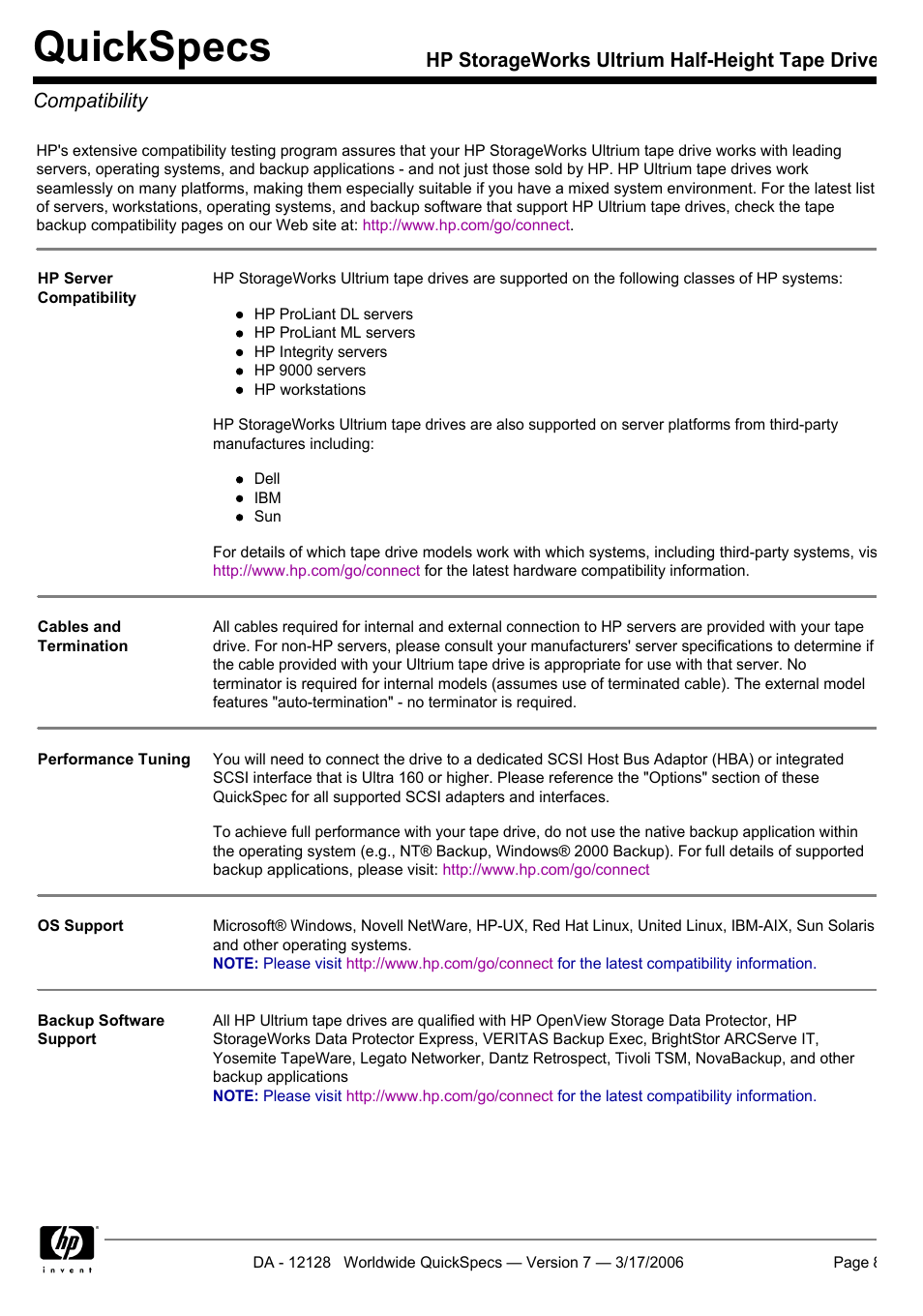 Compatibility, Quickspecs | HP Ultrium 215 User Manual | Page 8 / 21