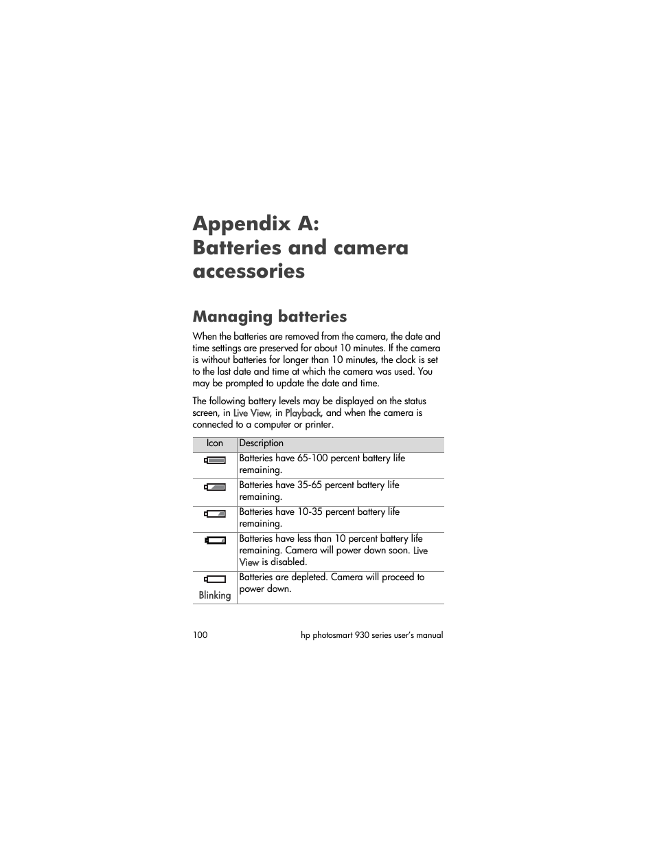 Appendix a: batteries and camera accessories, Managing batteries, Managing | Batteries | HP 930 User Manual | Page 100 / 118