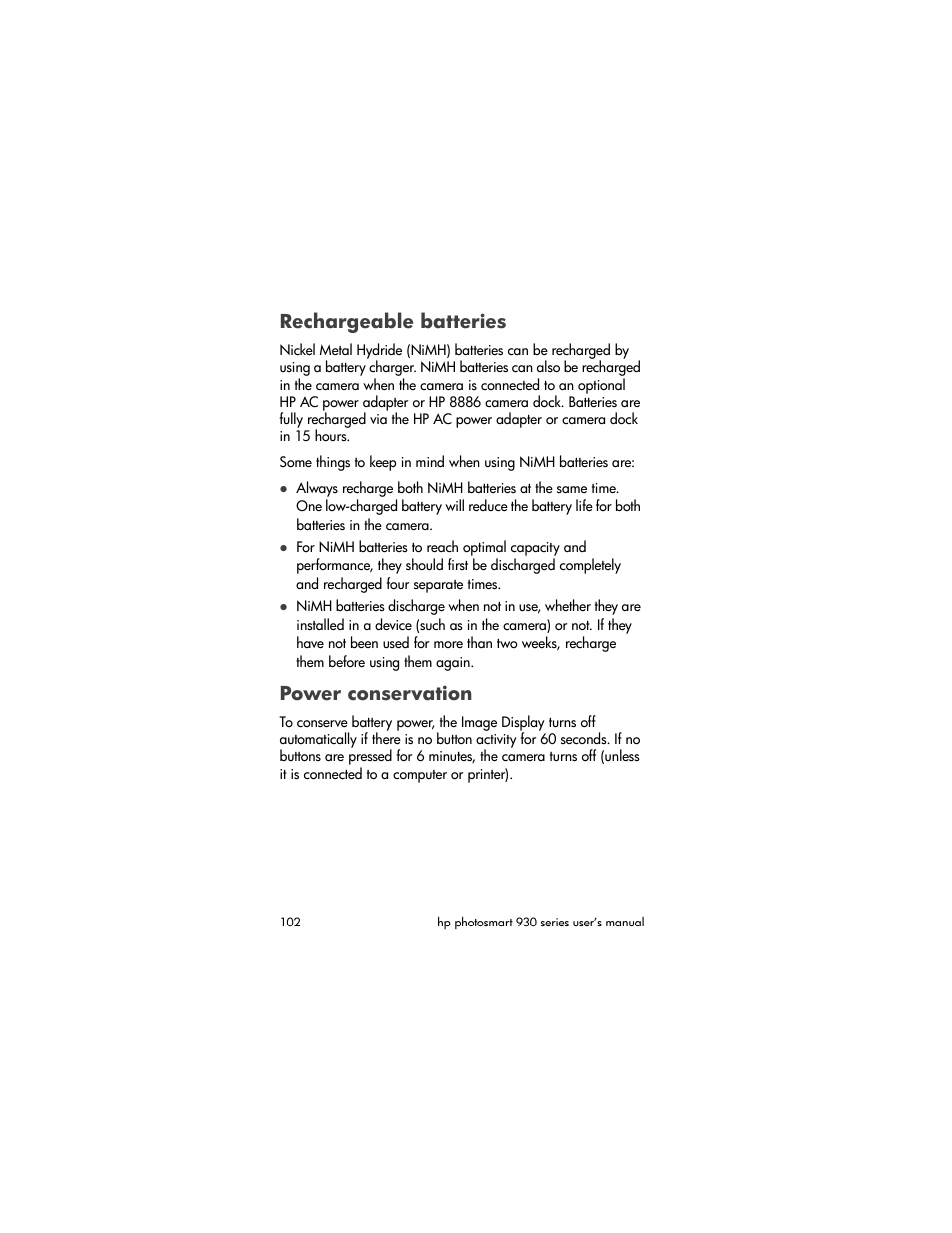Rechargeable batteries, Power conservation | HP 930 User Manual | Page 102 / 118