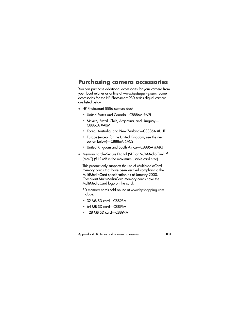 Purchasing camera accessories, Purchasing, Camera accessories | HP 930 User Manual | Page 103 / 118