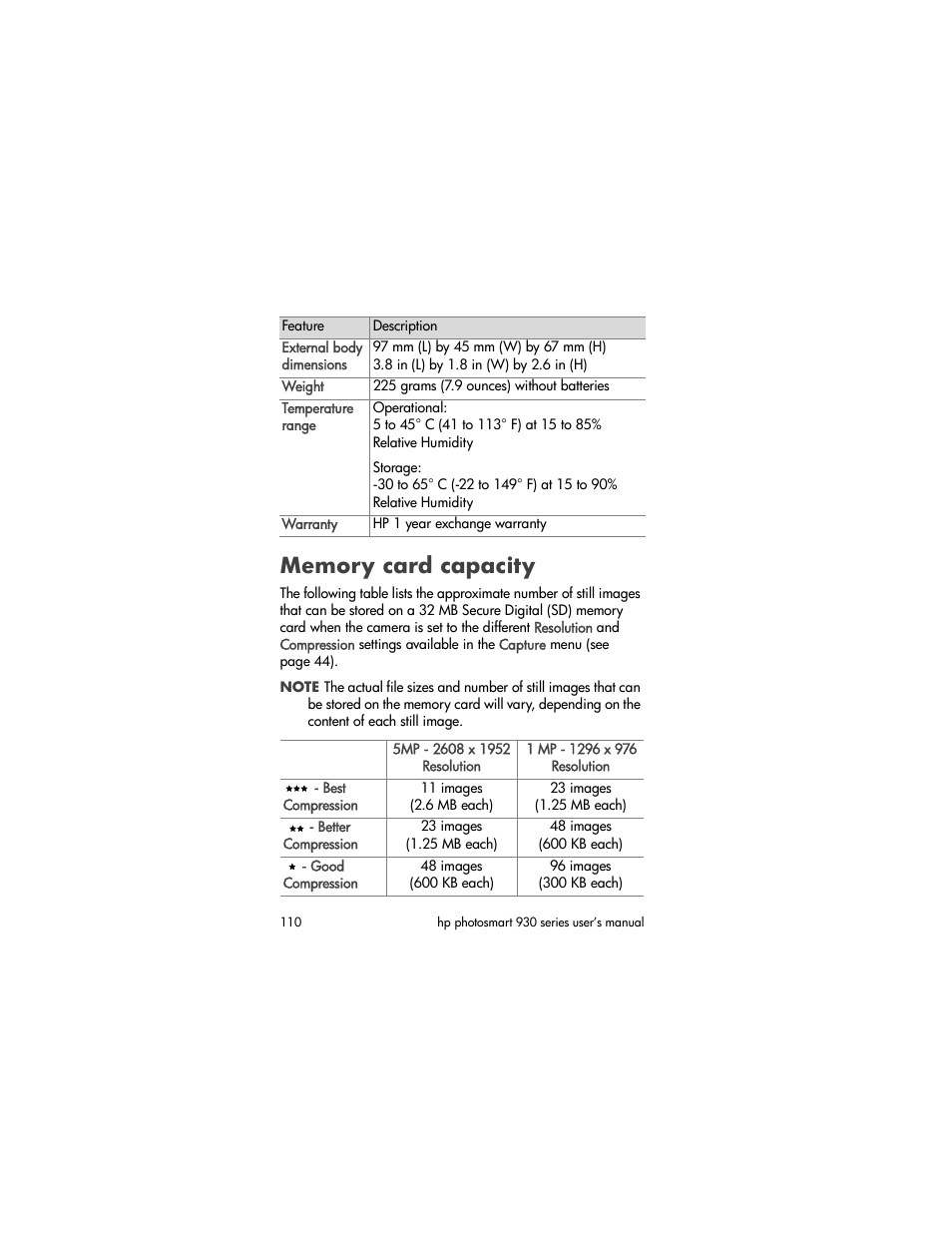 Memory card capacity | HP 930 User Manual | Page 110 / 118