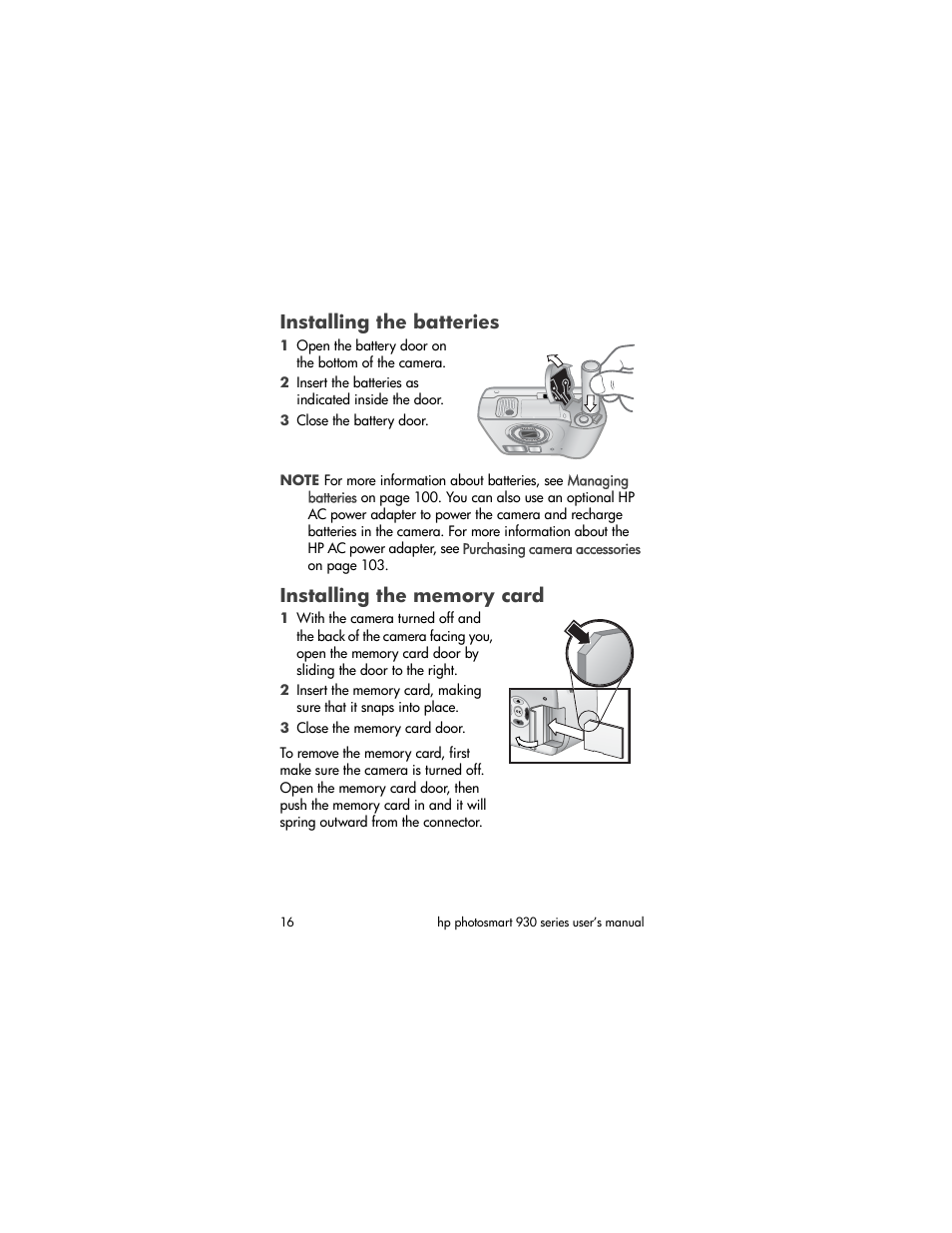 Installing the batteries, Installing the memory card | HP 930 User Manual | Page 16 / 118