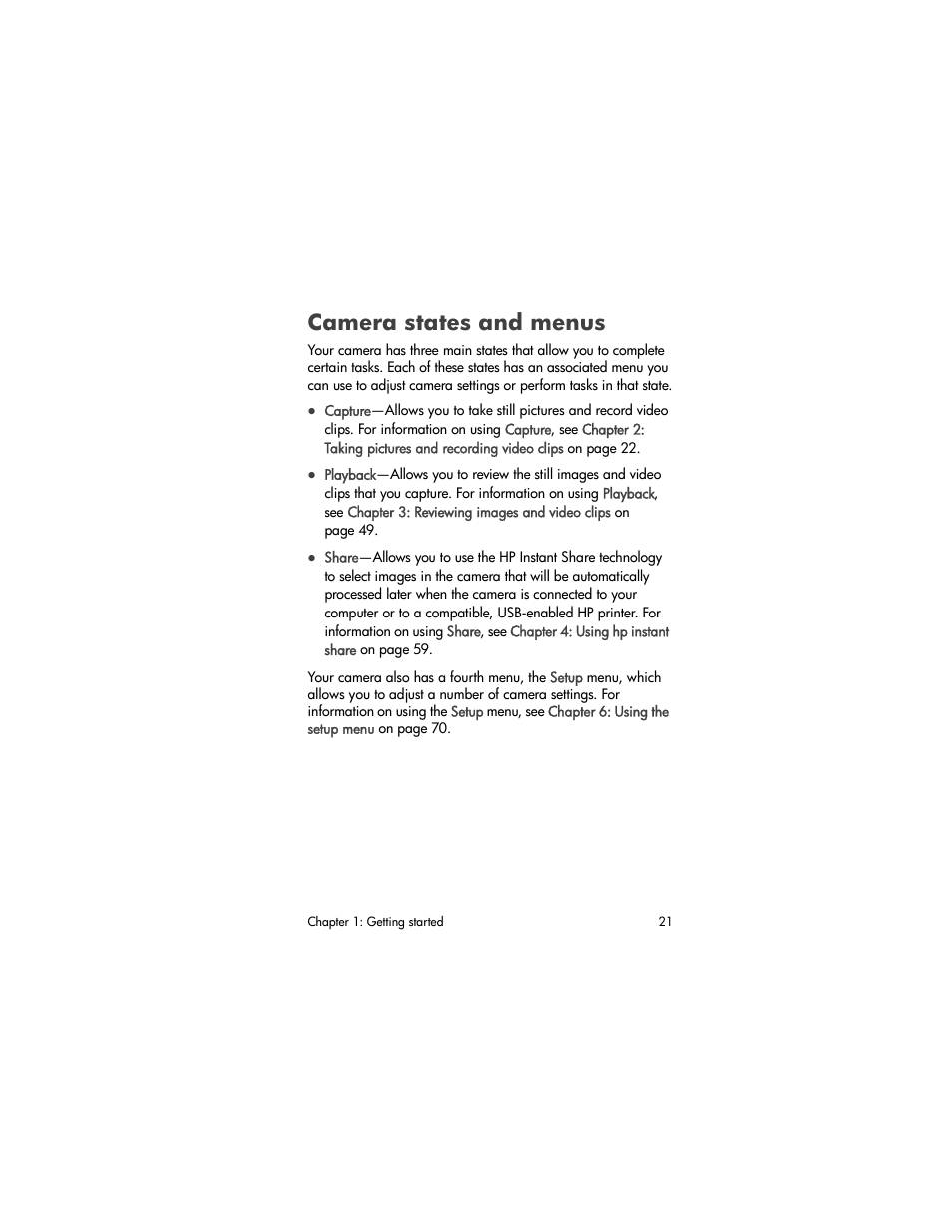 Camera states and menus | HP 930 User Manual | Page 21 / 118