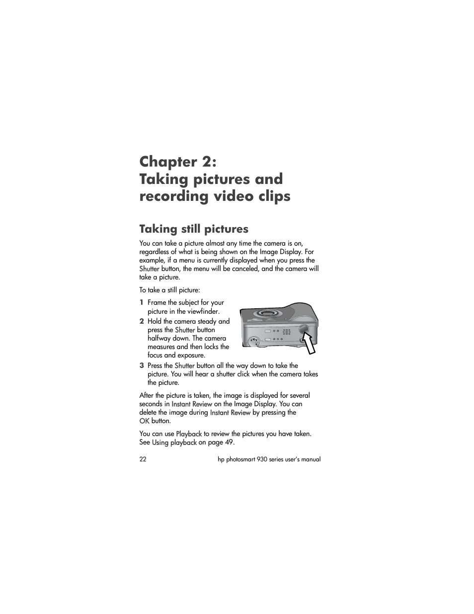 Taking still pictures, Chapter 2, Taking pictures and recording video clips | HP 930 User Manual | Page 22 / 118