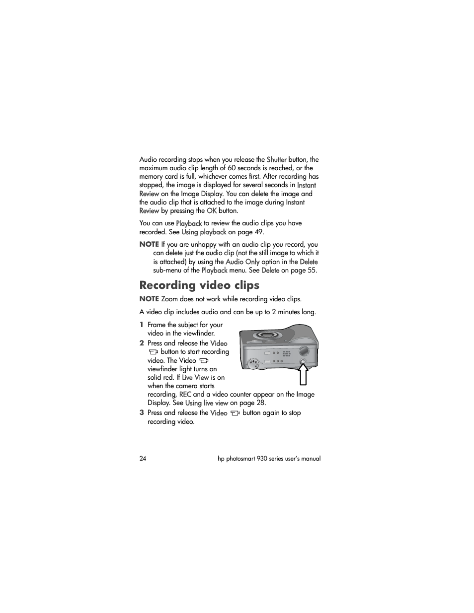 Recording video clips | HP 930 User Manual | Page 24 / 118
