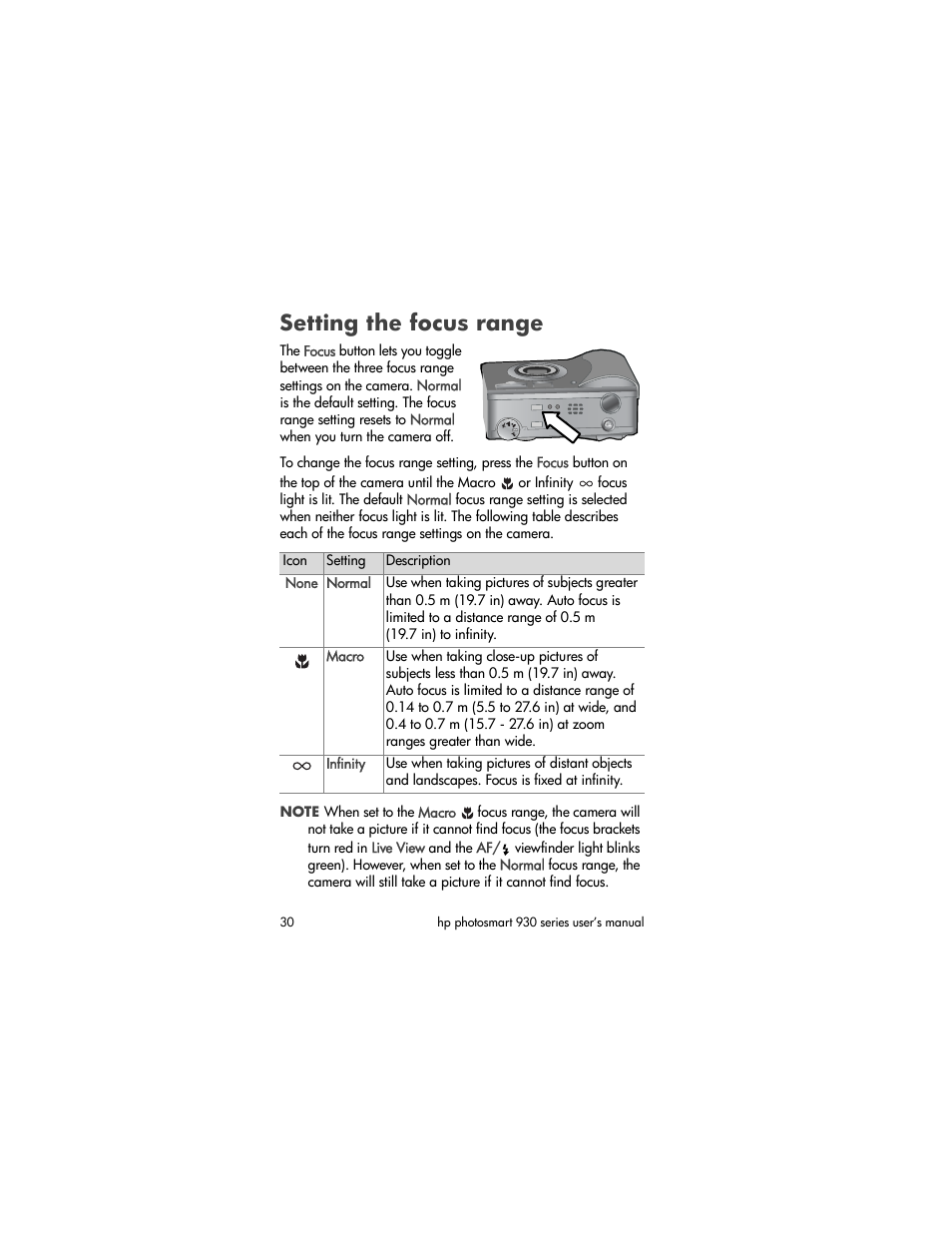 Setting the focus range, Setting the, Focus range | HP 930 User Manual | Page 30 / 118