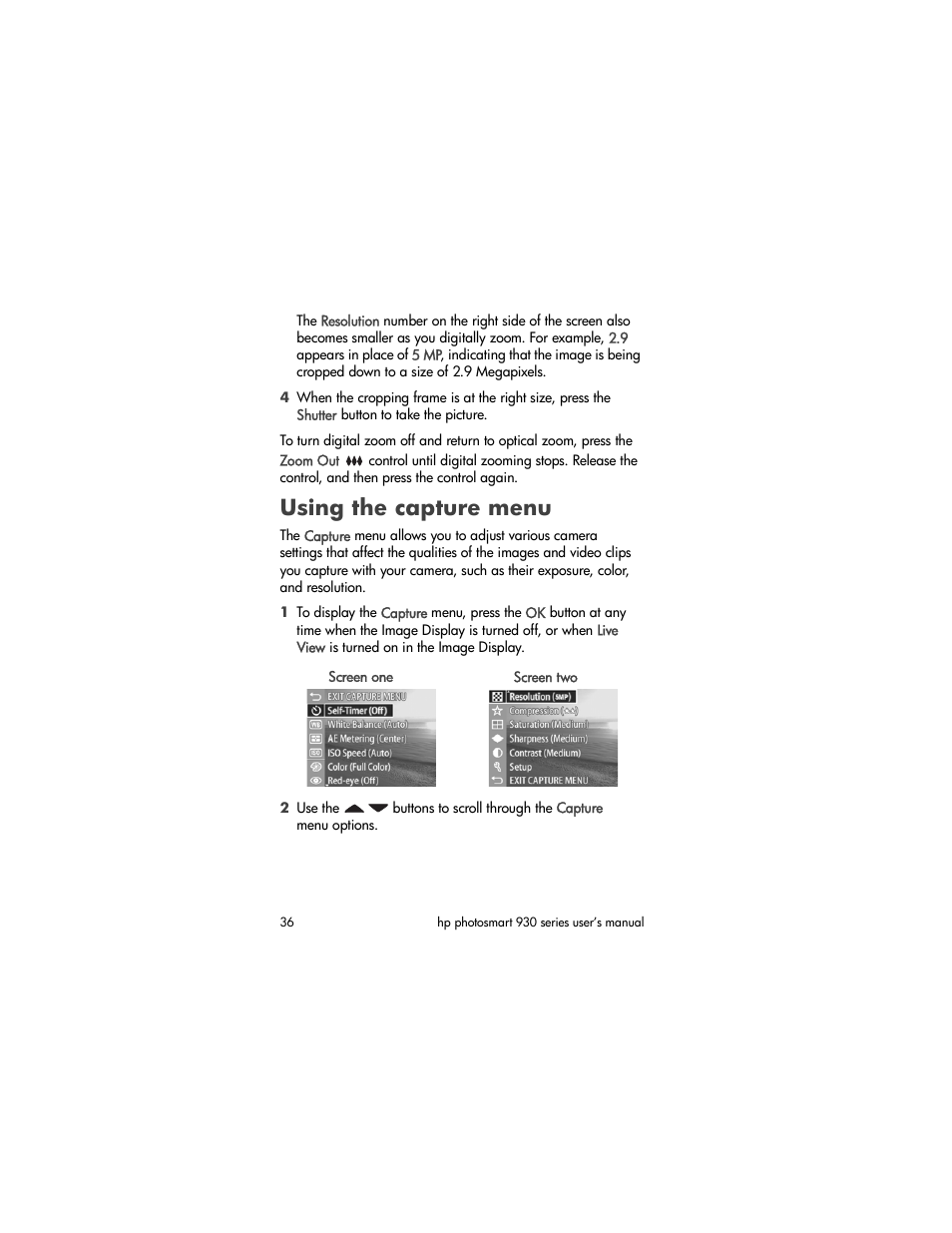 Using the capture menu | HP 930 User Manual | Page 36 / 118