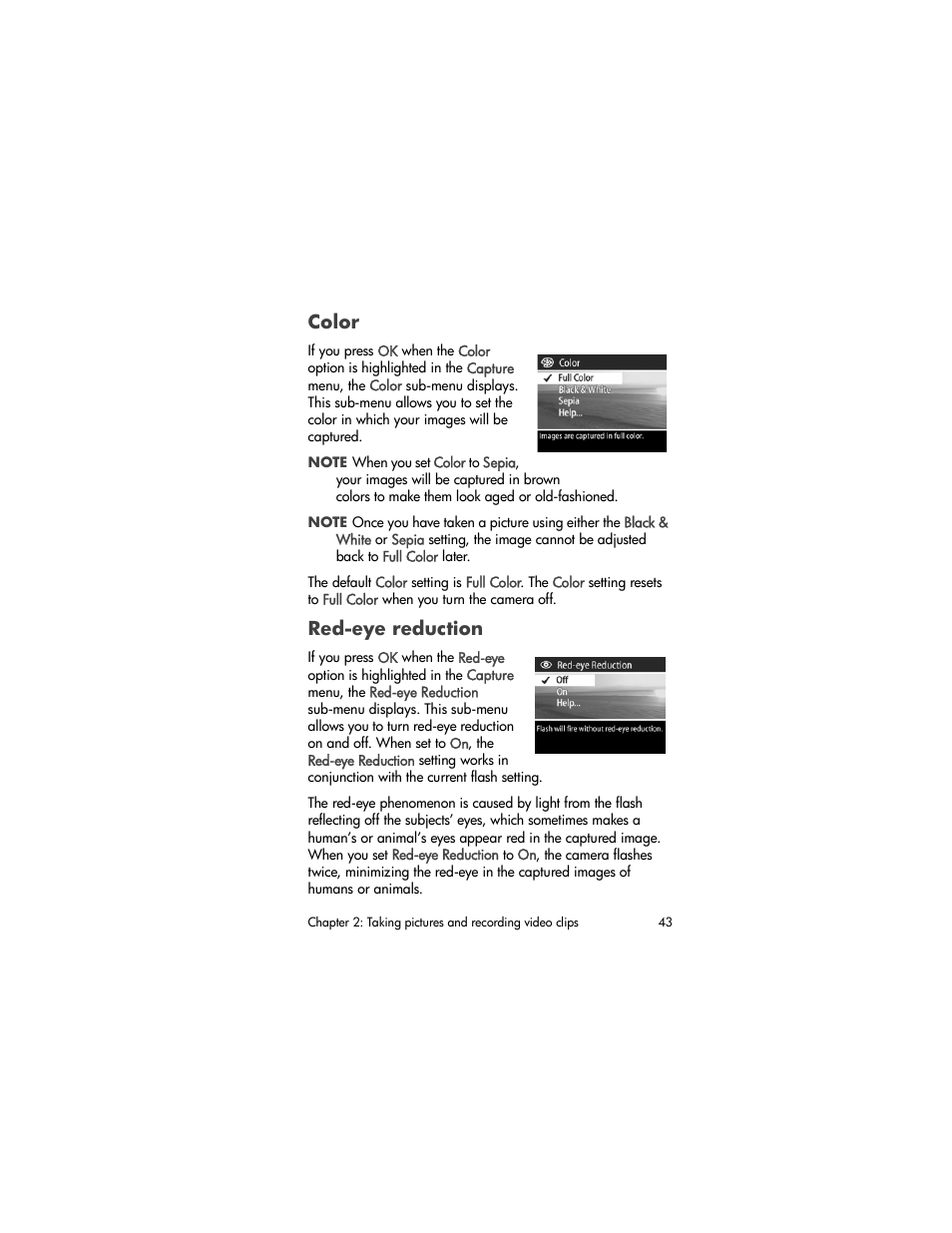 Color, Red-eye reduction | HP 930 User Manual | Page 43 / 118
