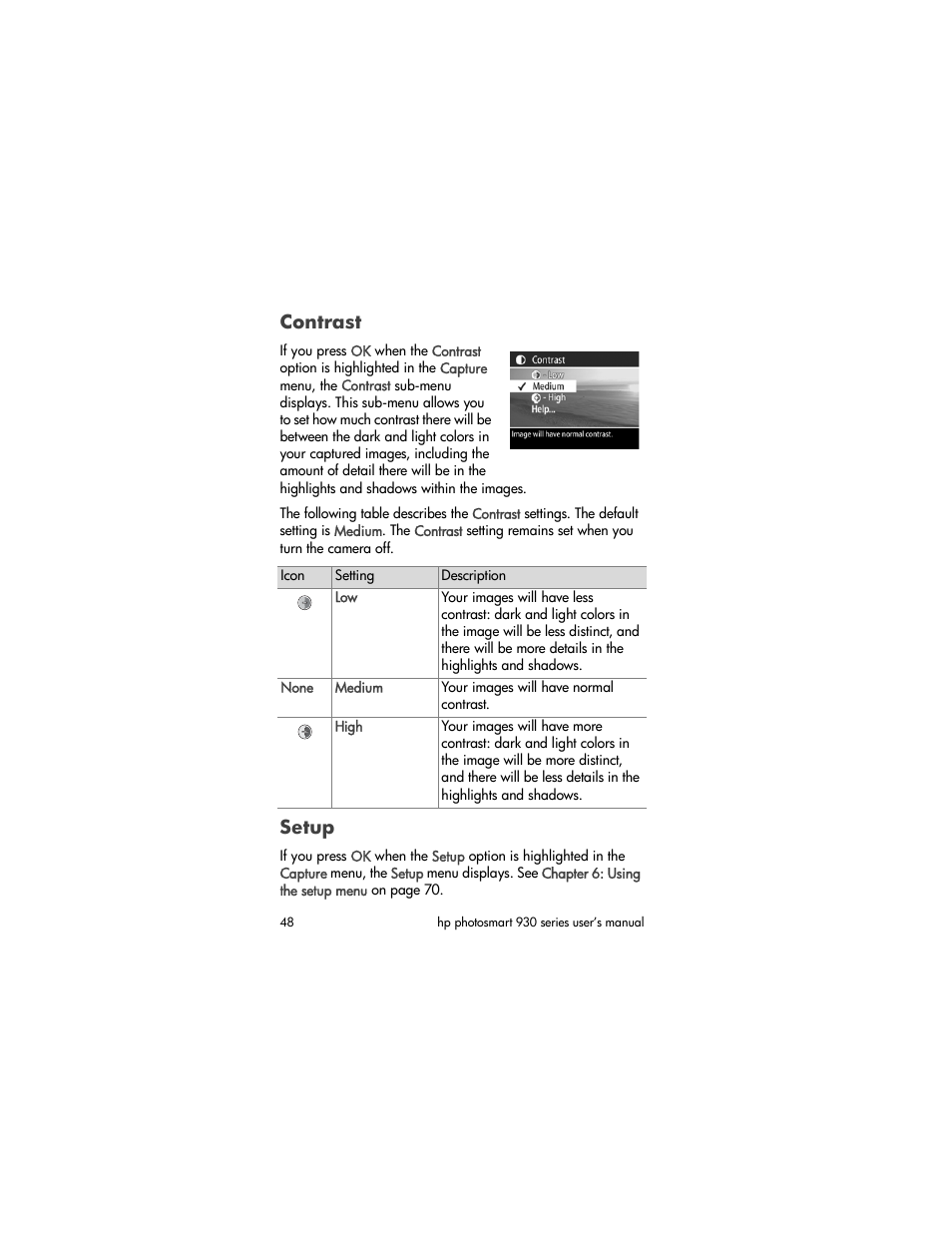 Contrast, Setup | HP 930 User Manual | Page 48 / 118