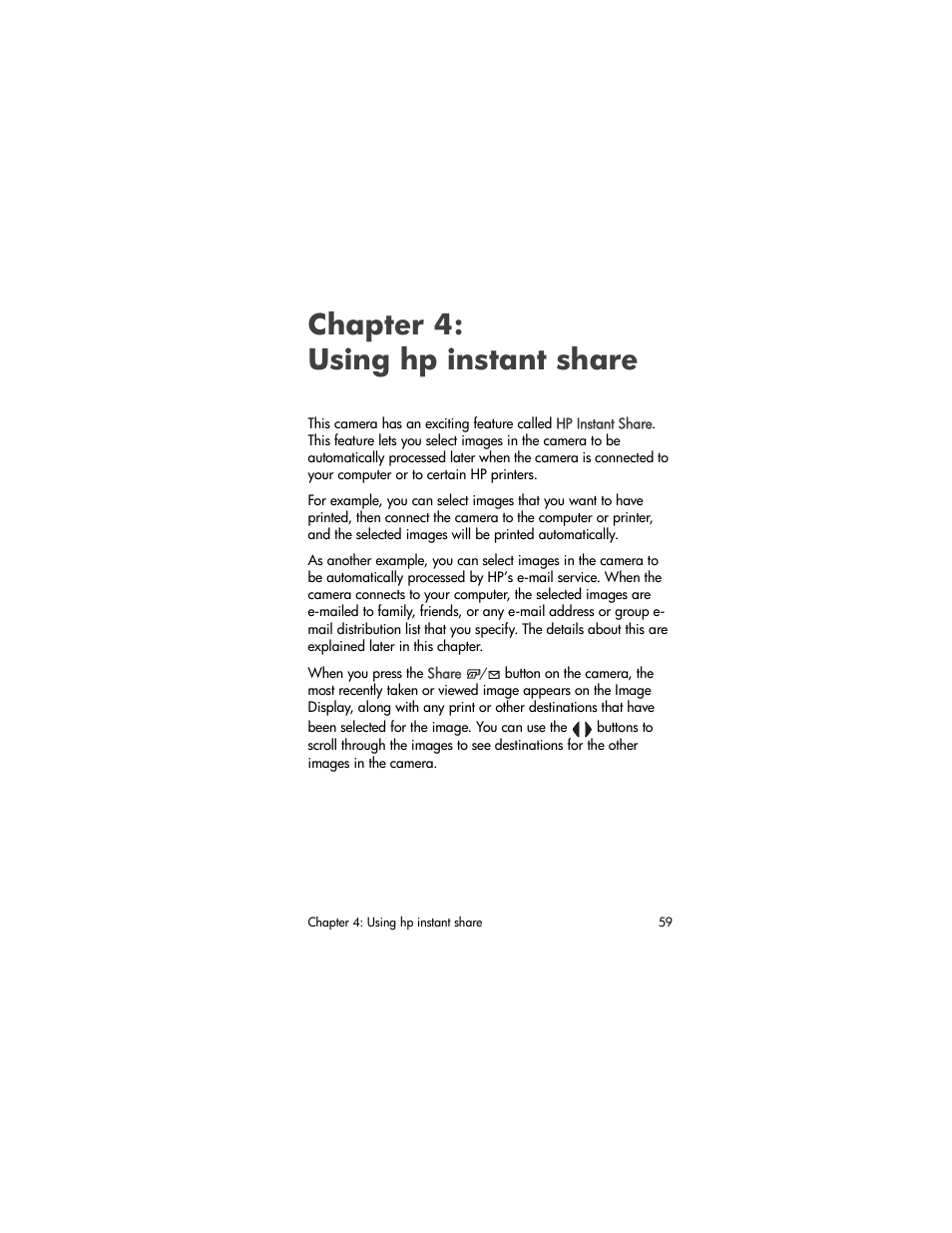 Chapter 4: using hp instant share, Chapter 4: using hp instant, Share | HP 930 User Manual | Page 59 / 118