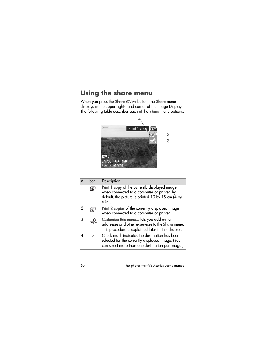 Using the share menu | HP 930 User Manual | Page 60 / 118