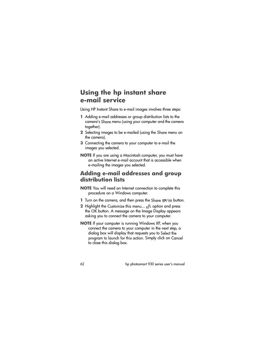 Using the hp instant share email service, Using the hp instant share e-mail service, Adding e-mail addresses and | Group distribution lists | HP 930 User Manual | Page 62 / 118