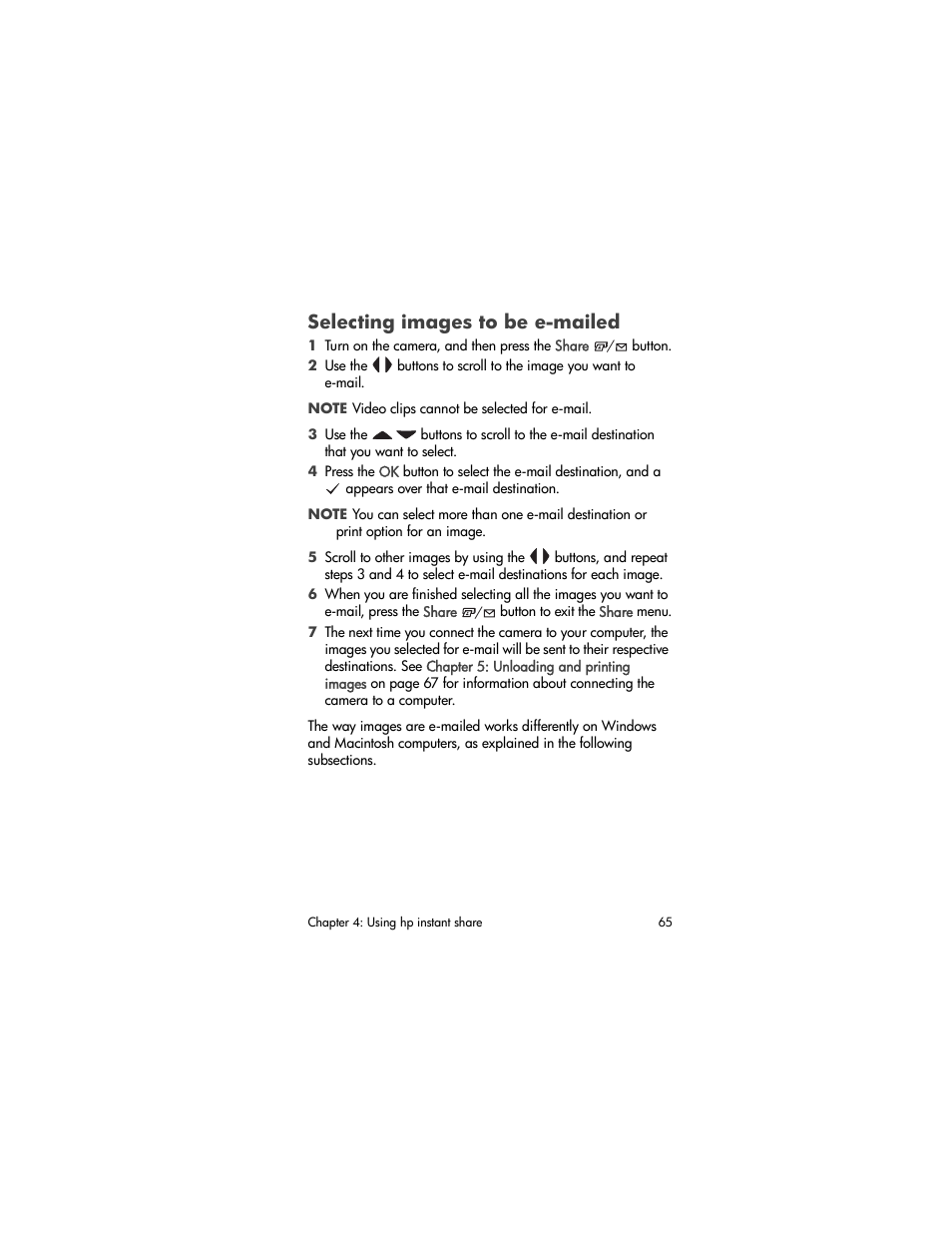 Selecting images to be emailed, Selecting images to be e-mailed | HP 930 User Manual | Page 65 / 118