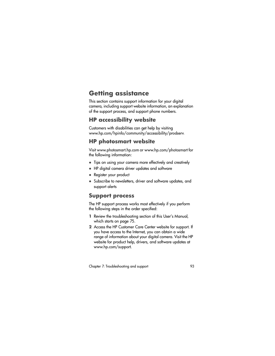 Getting assistance, Hp accessibility website, Hp photosmart website | Support process | HP 930 User Manual | Page 93 / 118