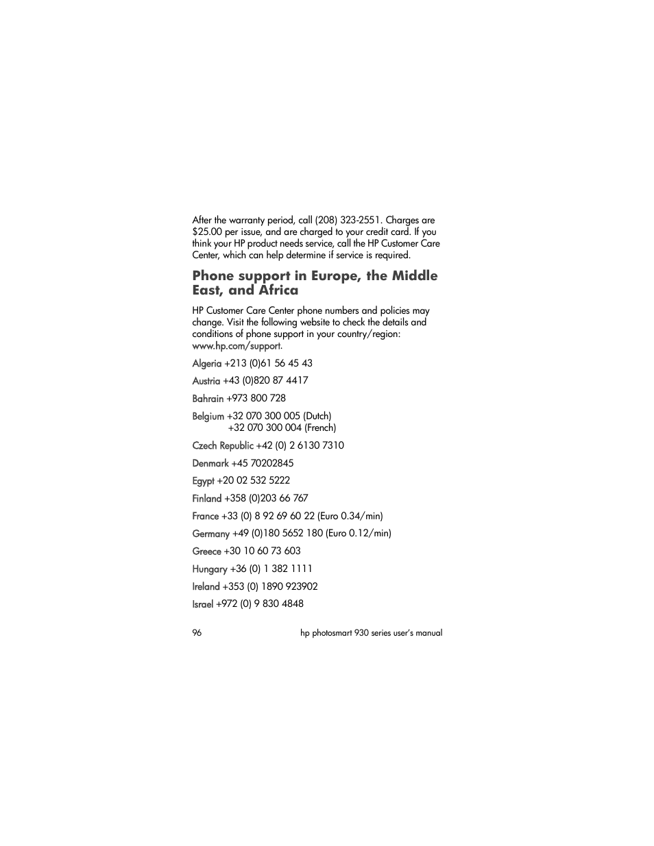 Phone support in europe, the middle east, And africa | HP 930 User Manual | Page 96 / 118