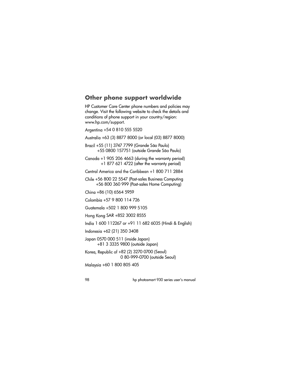 Other phone support worldwide | HP 930 User Manual | Page 98 / 118