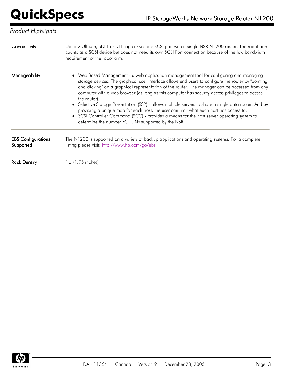 Product highlights, Quickspecs | HP N1200 User Manual | Page 3 / 6