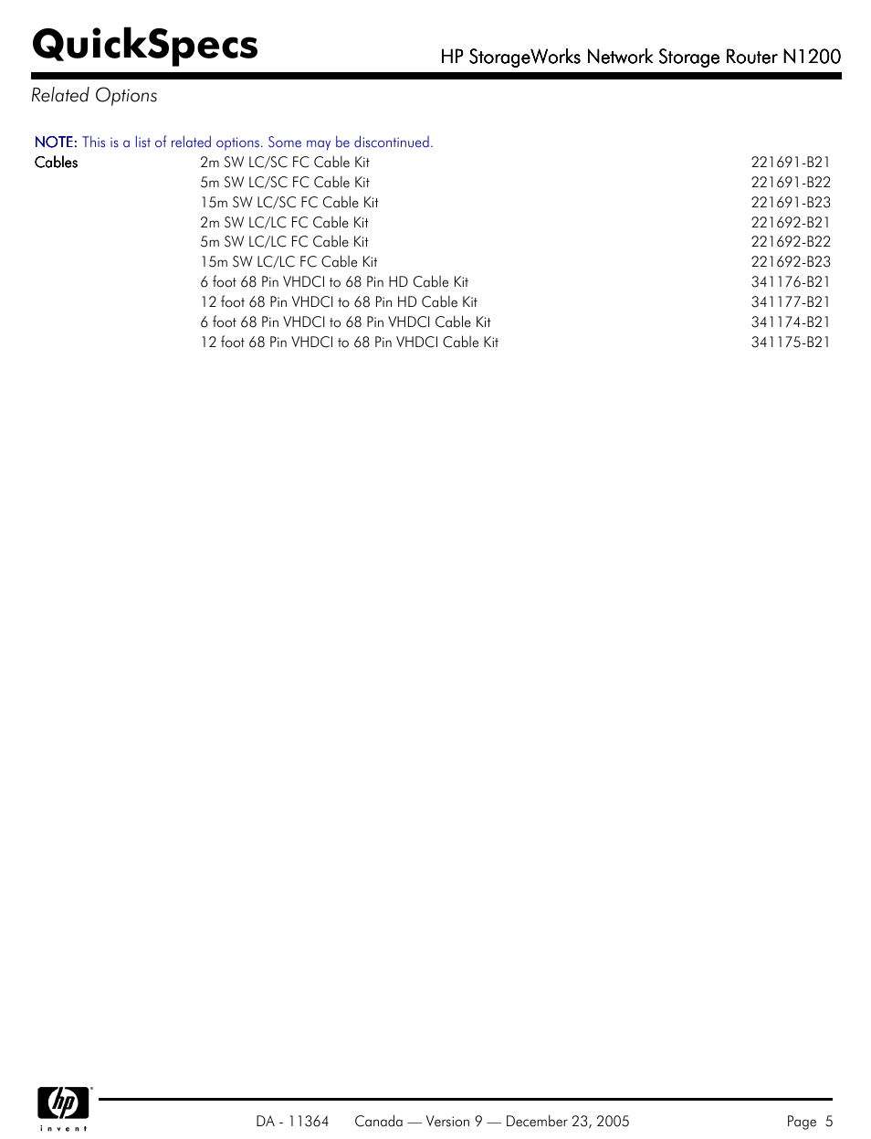 Related options, Quickspecs, Hp storageworks network storage router n1200 | HP N1200 User Manual | Page 5 / 6