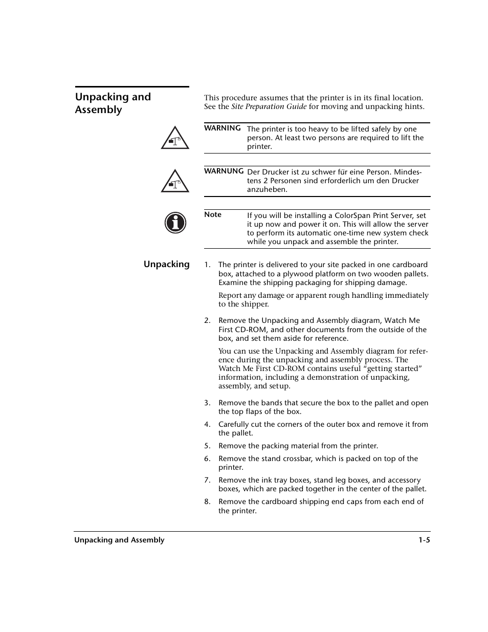 Unpacking and assembly, Unpacking, Unpacking and assembly -5 | Unpacking -5 | HP 0706124 REV B User Manual | Page 17 / 150