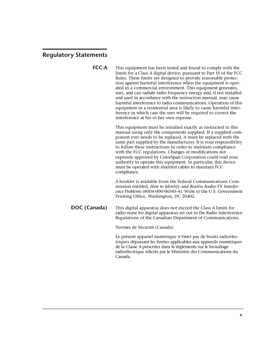 Regulatory statements, Fcc-a, Doc (canada) | HP 0706124 REV B User Manual | Page 5 / 150