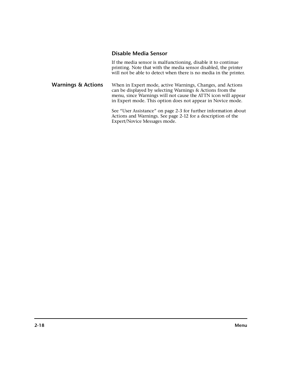 Disable media sensor, Warnings & actions, Disable media sensor -18 | Warnings & actions -18 | HP 0706124 REV B User Manual | Page 52 / 150